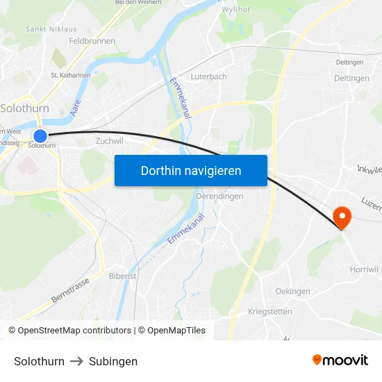 Solothurn to Subingen map