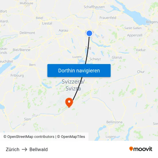 Zürich to Bellwald map