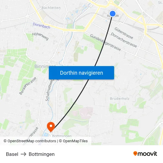 Basel to Bottmingen map