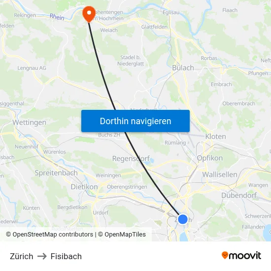 Zürich to Fisibach map