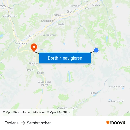 Evolène to Sembrancher map