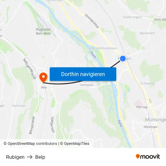 Rubigen to Belp map