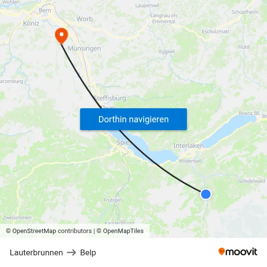 Lauterbrunnen to Belp map