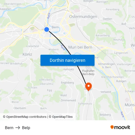 Bern to Belp map
