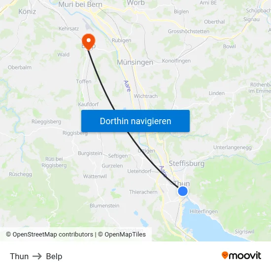 Thun to Belp map