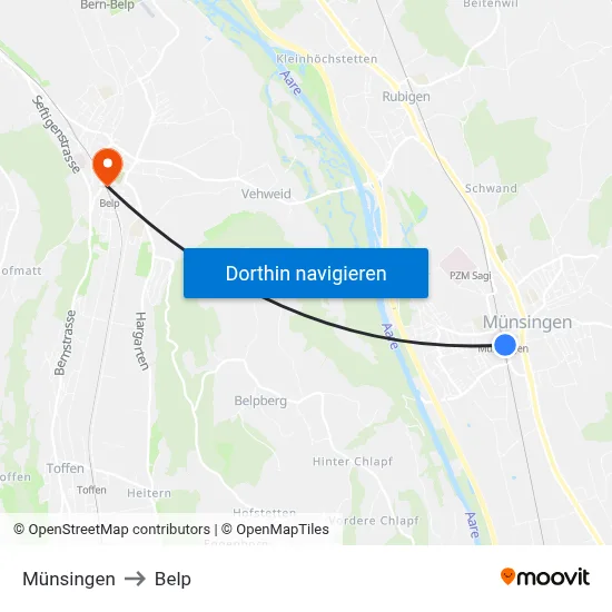 Münsingen to Belp map