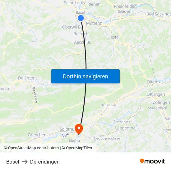 Basel to Derendingen map