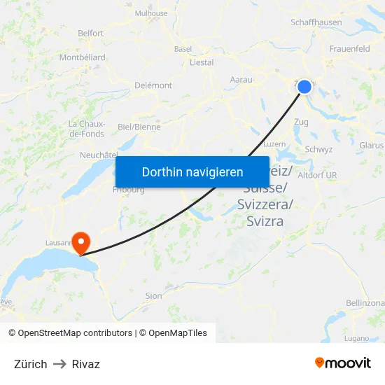Zürich to Rivaz map