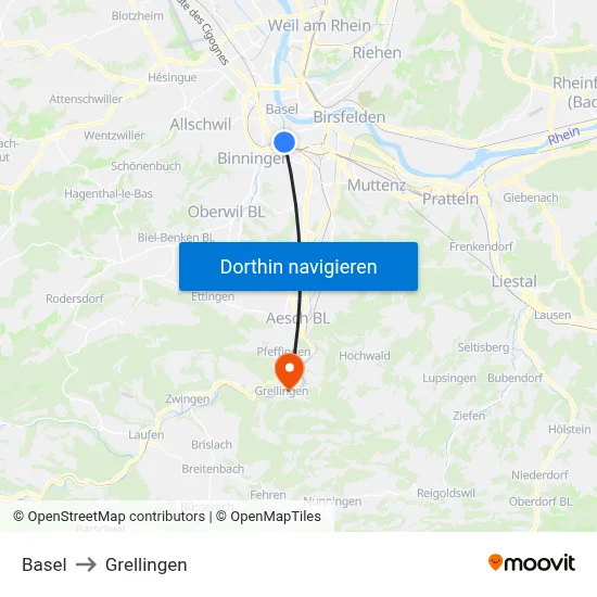 Basel to Grellingen map
