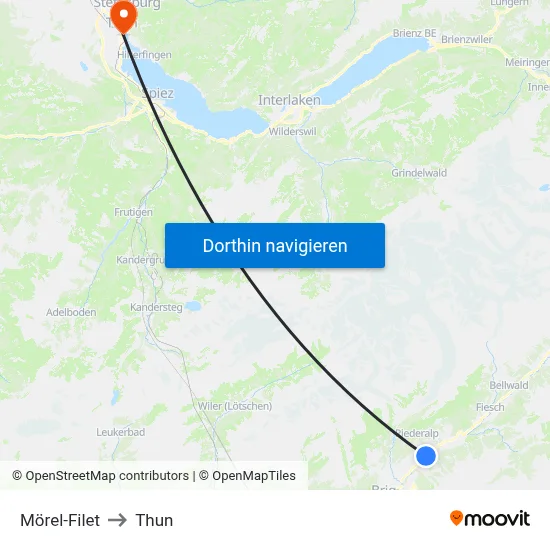 Mörel-Filet to Thun map
