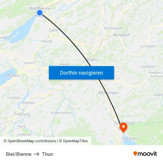 Biel/Bienne to Thun map