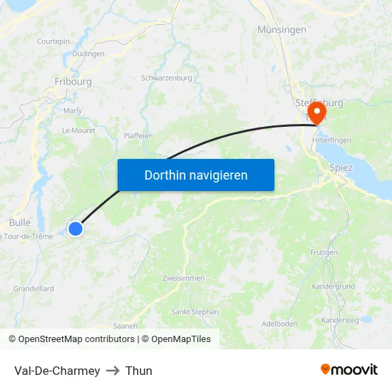 Val-De-Charmey to Thun map