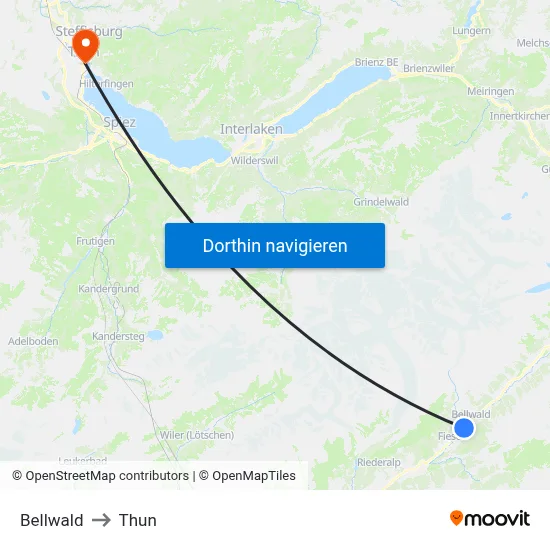 Bellwald to Thun map
