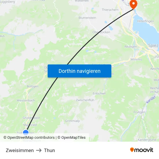 Zweisimmen to Thun map