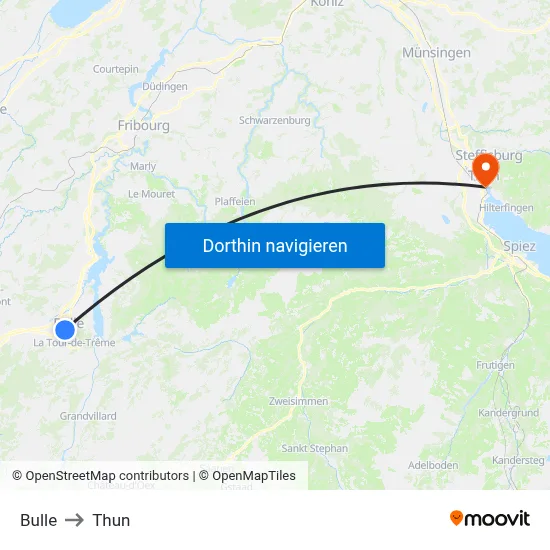 Bulle to Thun map