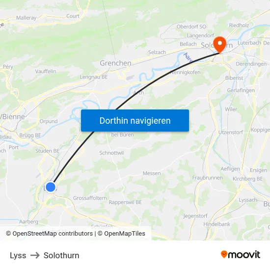 Lyss to Solothurn map