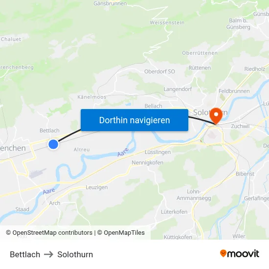 Bettlach to Solothurn map