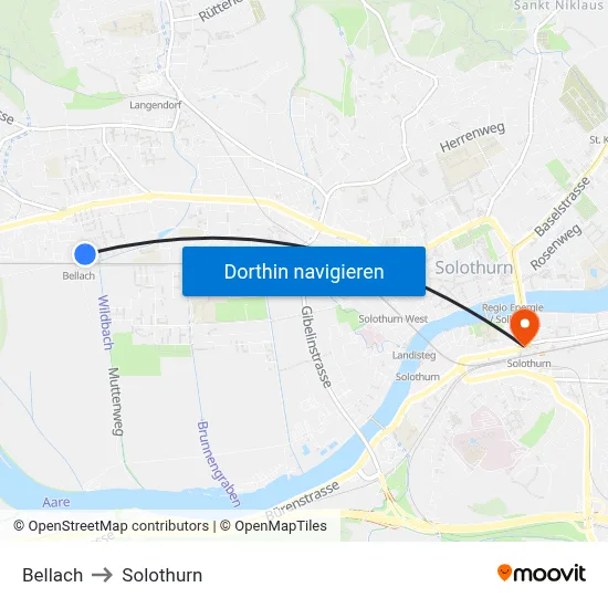 Bellach to Solothurn map