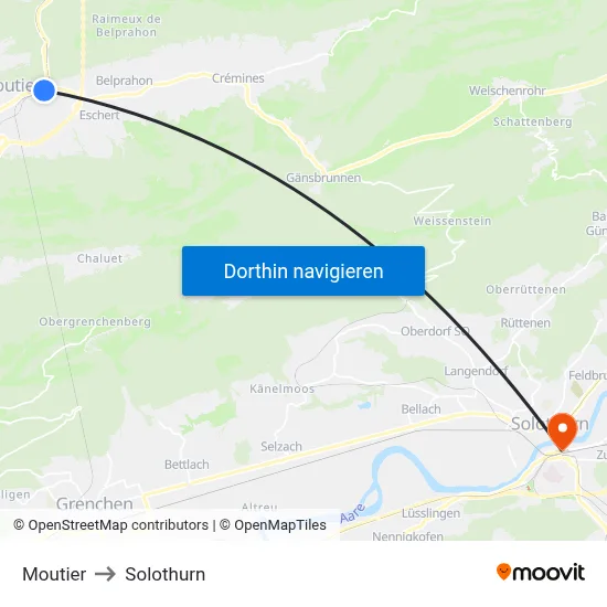 Moutier to Solothurn map