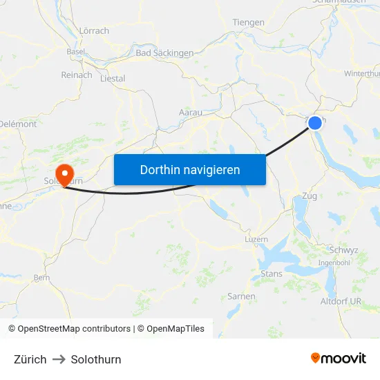 Zürich to Solothurn map