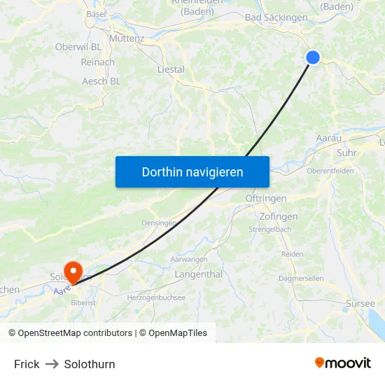 Frick to Solothurn map