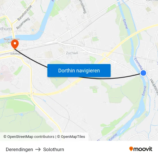 Derendingen to Solothurn map