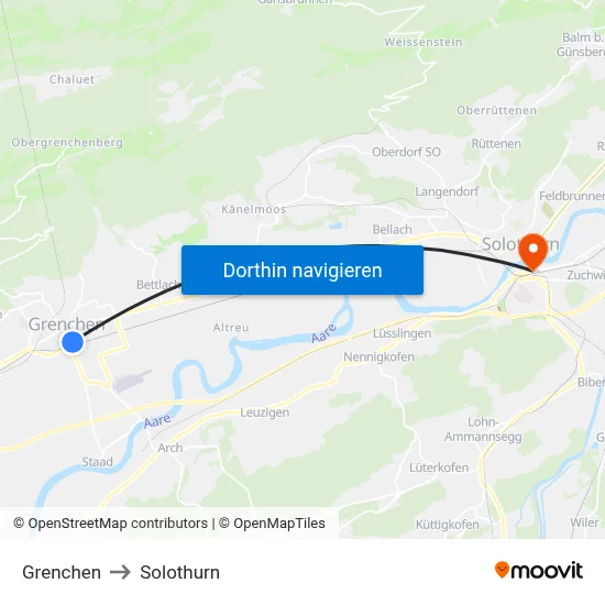 Grenchen to Solothurn map