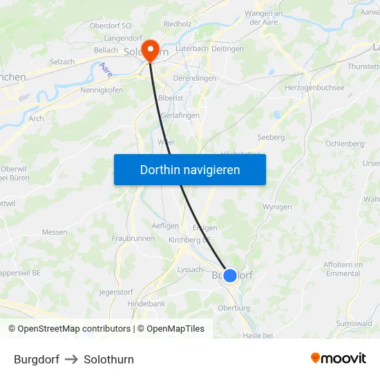 Burgdorf to Solothurn map