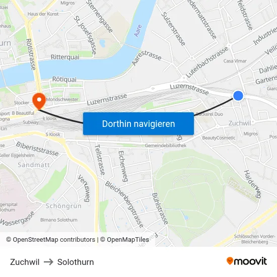 Zuchwil to Solothurn map
