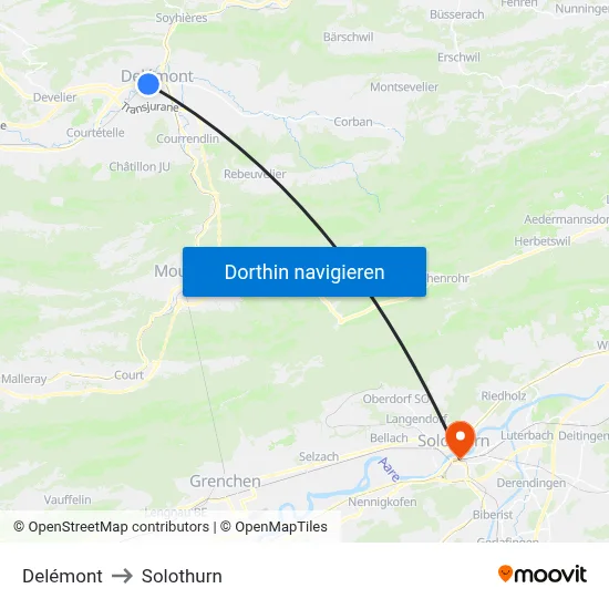 Delémont to Solothurn map