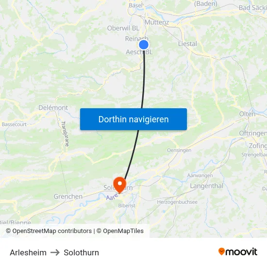 Arlesheim to Solothurn map