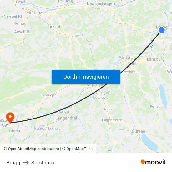 Brugg to Solothurn map