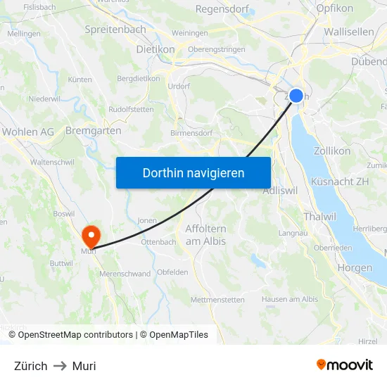 Zürich to Muri map