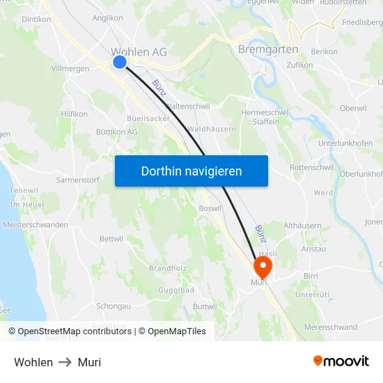 Wohlen to Muri map