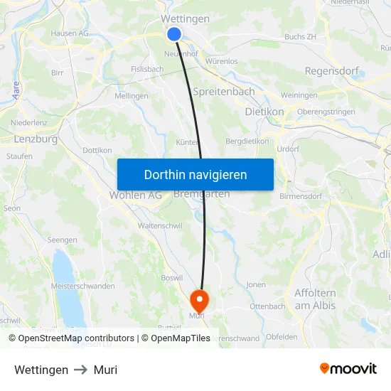 Wettingen to Muri map