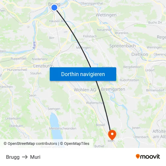 Brugg to Muri map