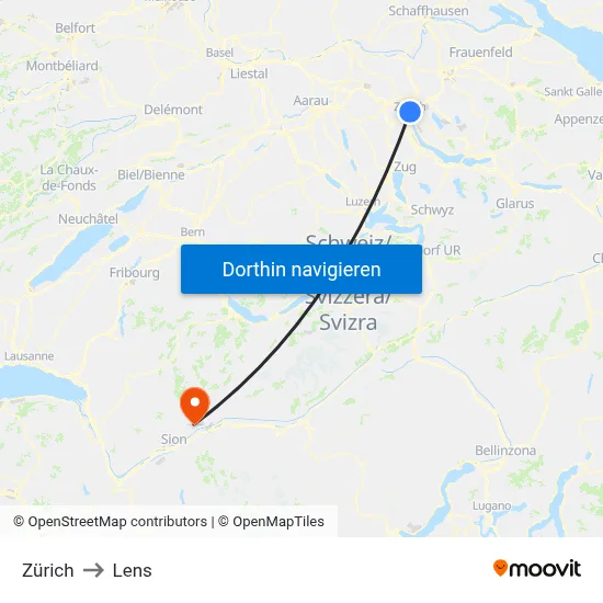 Zürich to Lens map