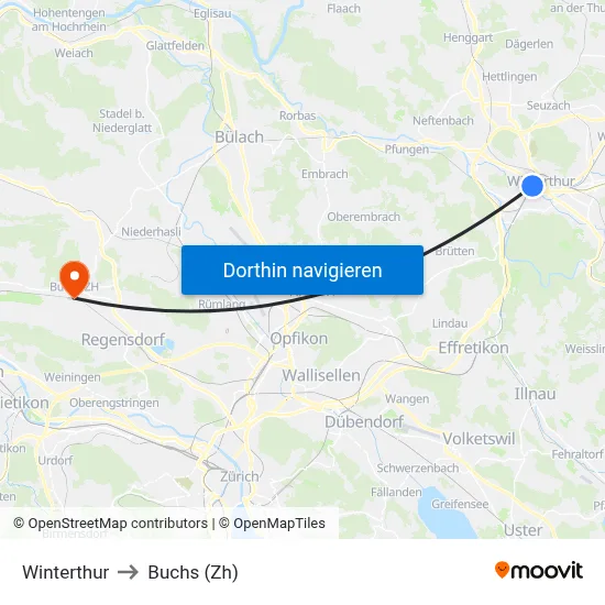 Winterthur to Buchs (Zh) map