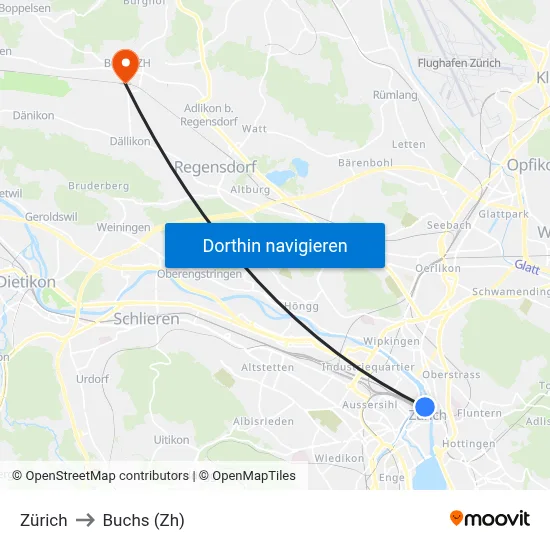 Zürich to Buchs (Zh) map