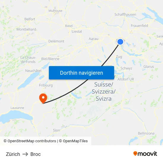 Zürich to Broc map