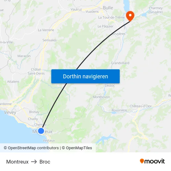 Montreux to Broc map
