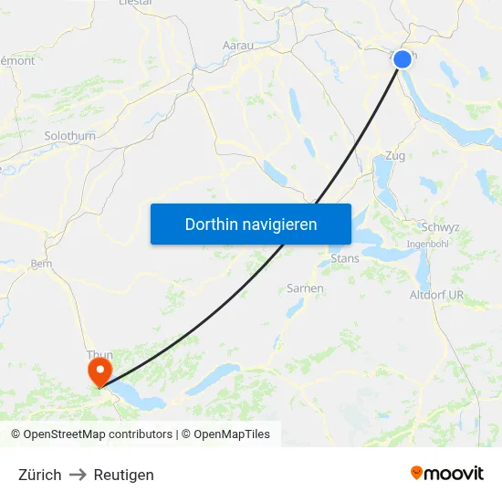 Zürich to Reutigen map