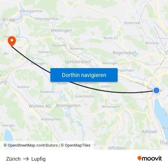 Zürich to Lupfig map