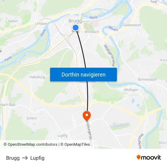 Brugg to Lupfig map