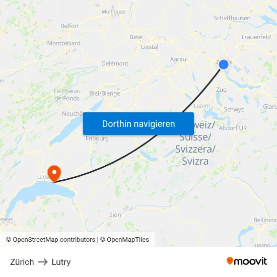 Zürich to Lutry map