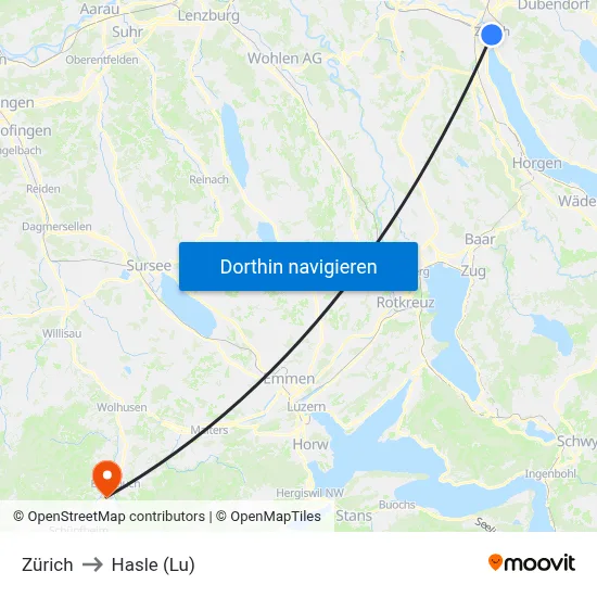 Zürich to Hasle (Lu) map
