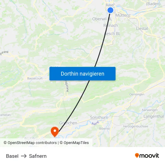 Basel to Safnern map