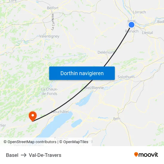 Basel to Val-De-Travers map