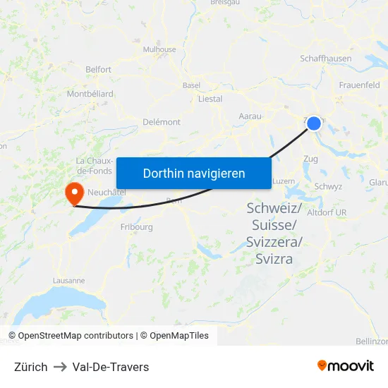 Zürich to Val-De-Travers map