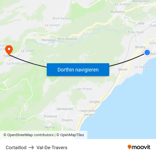 Cortaillod to Val-De-Travers map